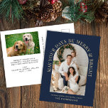 Cartão Postal De Festividades Feliz azul brilhante de fotografia em arco elegant<br><div class="desc">Cartaz azul Elegante de Natal com sua foto em um quadro de arco cercado por "Que Seus Dias Sejam Feliz e Brilhante" na tipografia clássica da serifpografia de ouro e seu nome na tipografia de ouro simples. No verso, adicione uma foto adicional e personalize seu cartões de natal à família...</div>