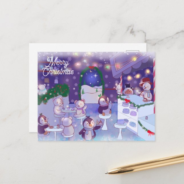 Cartão Postal De Festividades Feliz Café Snowman de Natal (Frente/Verso In Situ)