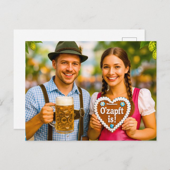 Cartão Postal De Festividades Feliz Casal na celebração Oktoberfest (Frente/Verso)