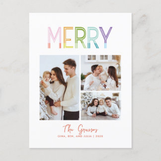 Cartão Postal De Festividades Feliz de diversão colorida com três fotos de natal