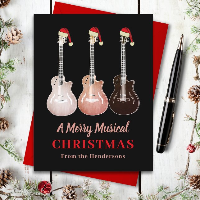 Cartão Postal De Festividades Feliz de guitarra de Natal Orçamento Musical (Christmas guitars wearing Santa hats custom rustic guitar music budget holiday greetings postcard )