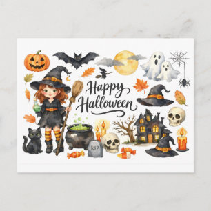 Cartão Postal De Festividades Feliz Dia das Bruxas Bruxa, Gato, Casa Assombrada