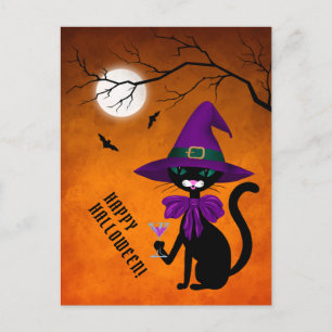 Cartão Postal De Festividades Feliz Dia das Bruxas Gato Preto Chapéu de Bruxa Ro