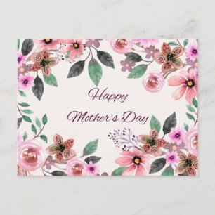 Cartão Postal De Festividades Feliz Dia das Mães Flores Aquarela 
