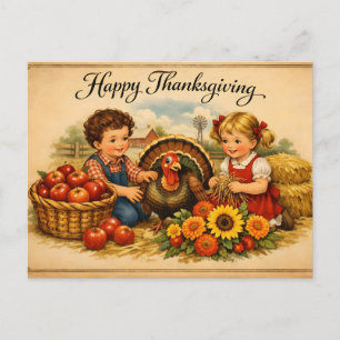 Cartão Postal De Festividades Feliz Dia de Ação de Graças Vintage Crianças e Per