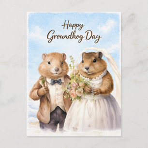 Cartão Postal De Festividades Feliz Dia do Marmota Aquarela Saudação