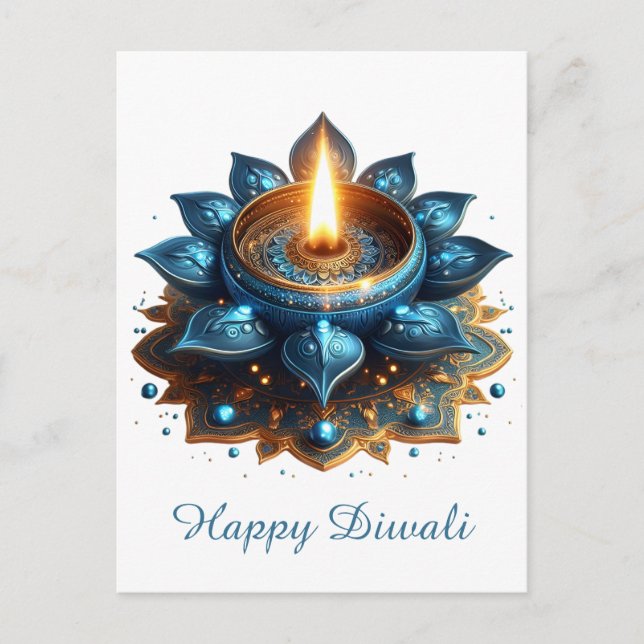 Cartão Postal De Festividades Feliz Diwali Blue Diya Festival de Luz (Frente)