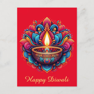 Cartão Postal De Festividades Feliz Diwali Colorful Diya Festival de Vermelho Cl