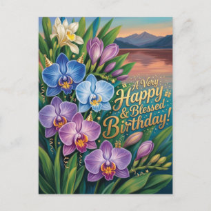 Cartão Postal De Festividades Feliz e Abencoado Aniversário Saudação Orquídea