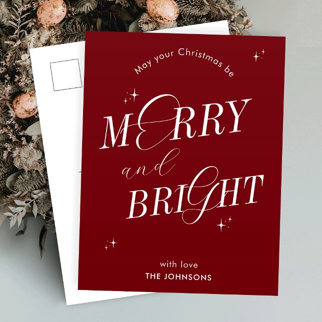 Cartão Postal De Festividades Feliz e Bright Red Script Não Fotografado Natal (Spread the festive cheer with this elegant merry and bright postcard design)