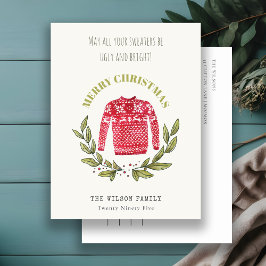Cartão Postal De Festividades Feliz e Feio Suéter Folha Vermelha Feliz Natal Ver
