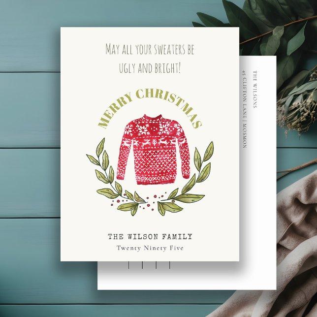Cartão Postal De Festividades Feliz e Feio Suéter Folha Vermelha Feliz Natal Ver (Criador carregado)