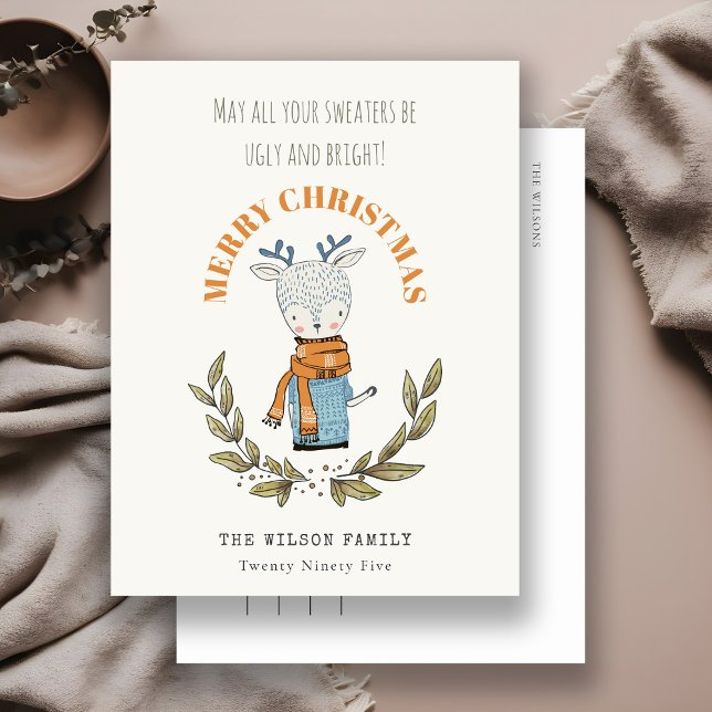 Cartão Postal De Festividades Feliz e Feliz Suéter Leafy Reindey Natal (Criador carregado)
