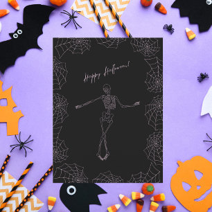 Cartão Postal De Festividades Feliz esqueleto de Halloween e aranhas