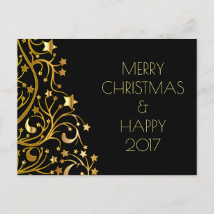 Cartão Postal De Festividades Feliz Feliz ano novo de Natal Dourado Stars Black