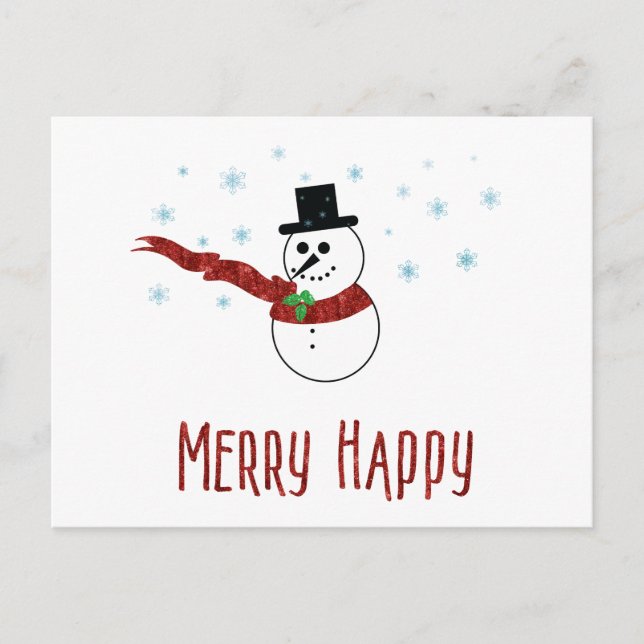 Cartão Postal De Festividades Feliz Feliz Snowman com Texto Personalizado Red Sc (Frente)
