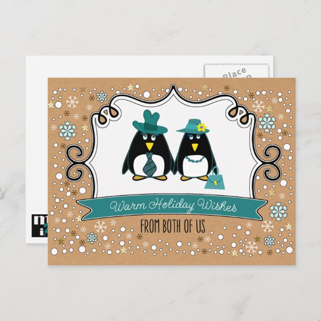 Cartão Postal De Festividades Feliz Feriado. Casal de pinguim divertido (Frente/Verso)