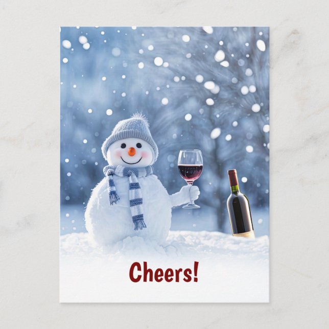 Cartão Postal De Festividades Feliz Feriados, Vinho Furioso e Saúde de Snowman (Frente)