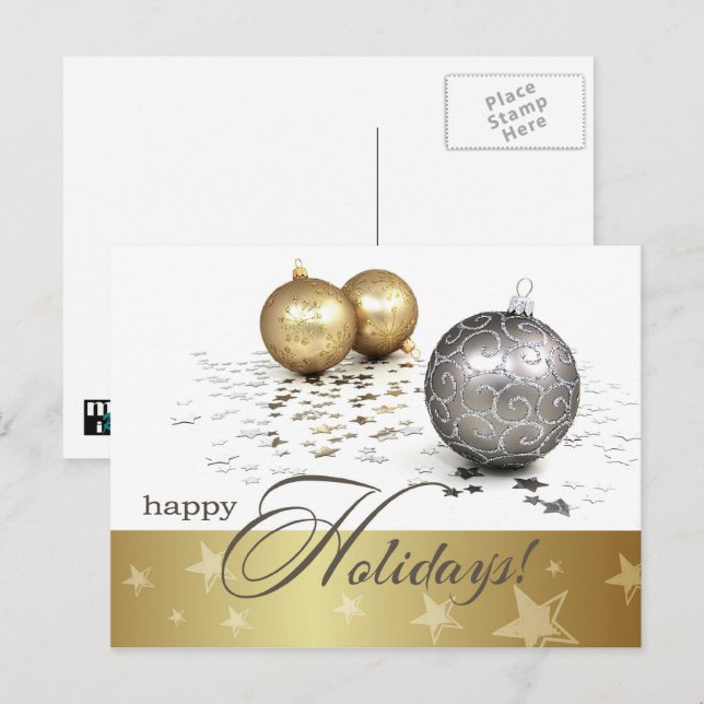 Cartão Postal De Festividades Feliz Férias. Dourado e Silver Baubles (Frente/Verso)