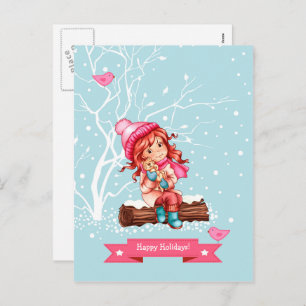 Cartão Postal De Festividades Feliz Férias. Little Girl e Gatinho de Natal