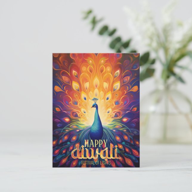 Cartão Postal De Festividades Feliz Festival de Luzes de Peacock Vibrante Diwali (Em pé/Frente)