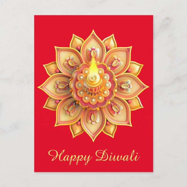 Cartão Postal De Festividades Feliz Festival Diwali Diya Dourado Vermelho Claro (Frente)