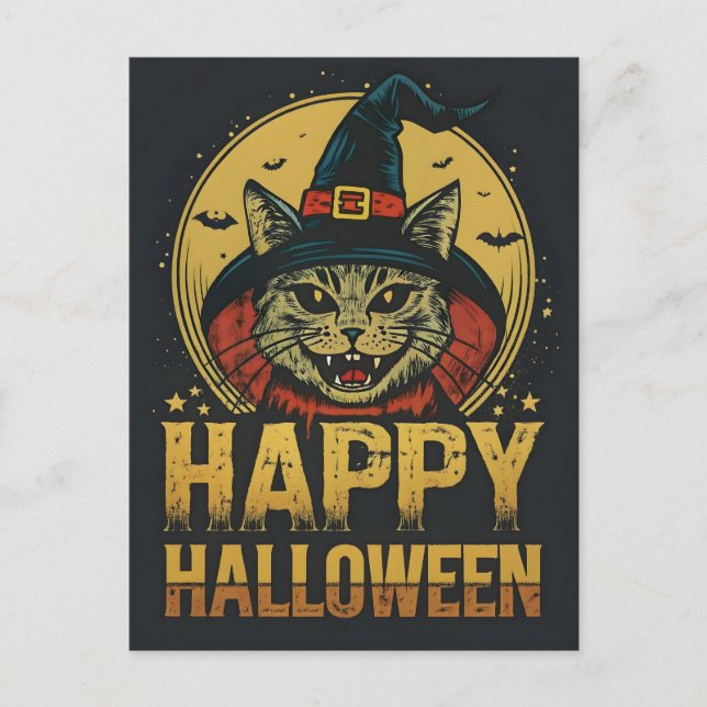 Cartão Postal De Festividades Feliz Gato de Bruxas Cérebro do Halloween (Frente)