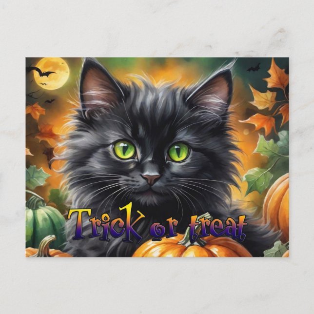 Cartão Postal De Festividades Feliz Gato de Halloween com abóbora (Frente)