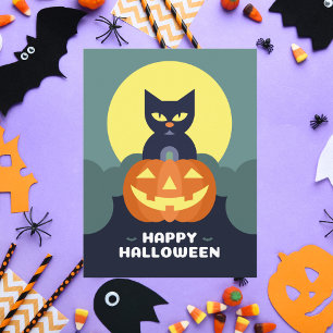 Cartão Postal De Festividades Feliz Gato Negro de Halloween e Abóbora