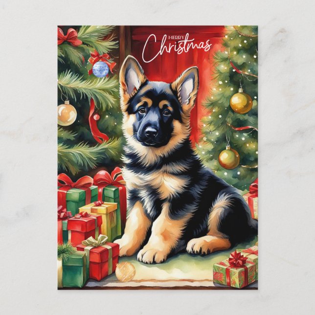 Cartão Postal De Festividades Feliz German shepherd de Natal (Frente)