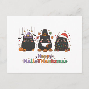 Cartão Postal De Festividades Feliz HalloThanksmas Kawaii Gato Preto Triplo