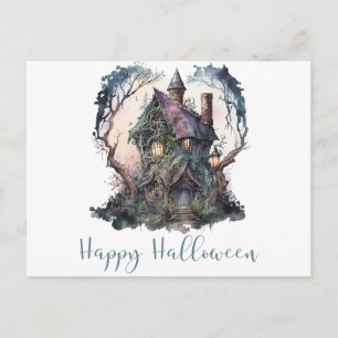 Cartão Postal De Festividades Feliz Halloween Casa Assombrada Verde Halloween