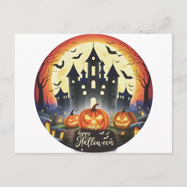 Cartão Postal De Festividades Feliz Halloween Castle Bats Pumpkins Halloween (Frente)