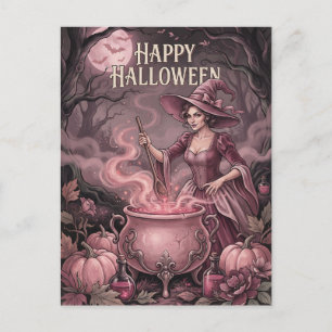 Cartão Postal De Festividades Feliz Halloween Cauldron de Poção Rosa e Bruxa Vin