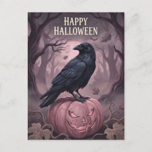 Cartão Postal De Festividades Feliz Halloween Corvo Vintage & Abóbora Rosa