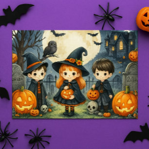 Cartão Postal De Festividades Feliz Halloween Cutes Crianças em Figurinos