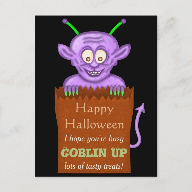 Cartão Postal De Festividades Feliz Halloween Engraçado Roxo Poblin Pun (Frente)