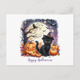 Cartão Postal De Festividades Feliz Halloween Gatinho Preto