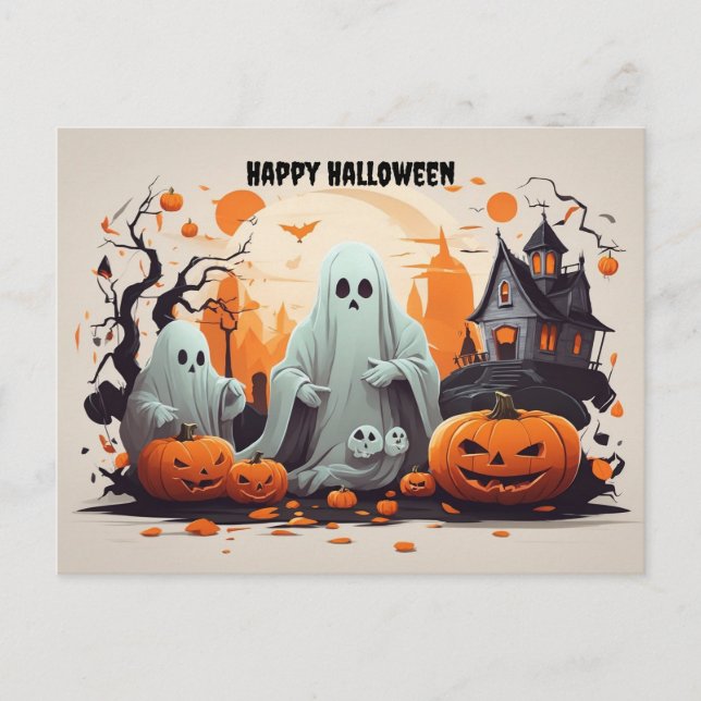 Cartão Postal De Festividades Feliz Halloween Ghost e Pumpkins (Frente)