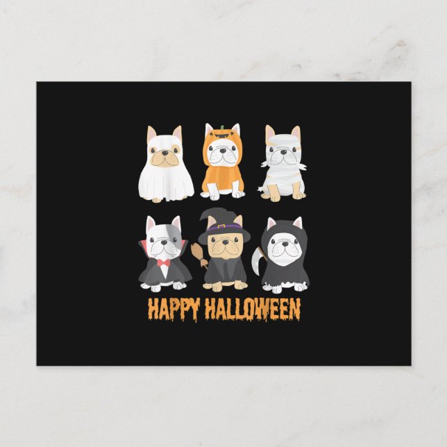 Cartão Postal De Festividades Feliz Halloween Pug Dogs Cute Bulldog Francês (Frente)