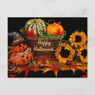 Cartão Postal De Festividades Feliz Halloween Pumpkins e Sunflower