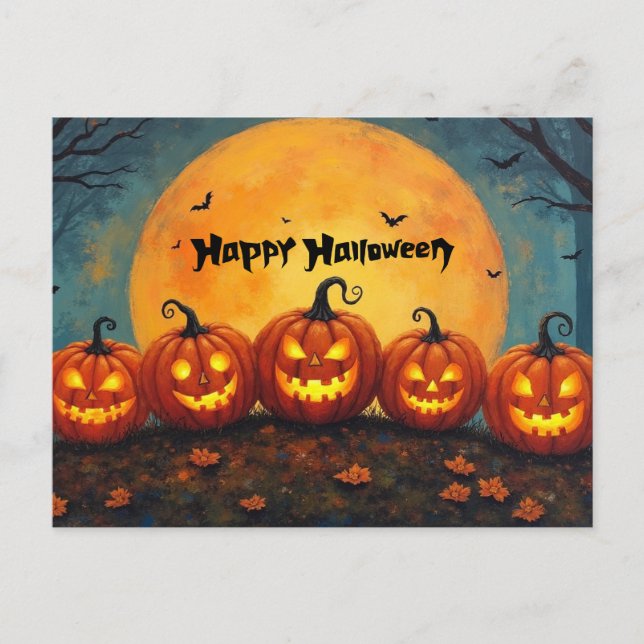 Cartão Postal De Festividades Feliz Halloween Pumpkins na lua cheia (Frente)