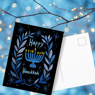 Cartão Postal De Festividades Feliz Hanukkah Botânica Menorah Watercolor