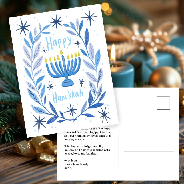 Cartão Postal De Festividades Feliz Hanukkah Botânica Menorah Watercolor CUSTOM (Happy Hanukkah Botanical Menorah Watercolor CUSTOM Non-Photo Holiday Postcard
)