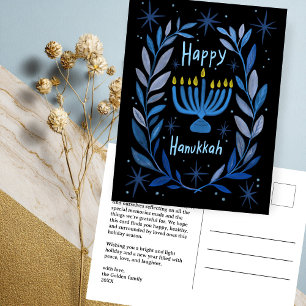 Cartão Postal De Festividades Feliz Hanukkah Botânica Menorah Watercolor CUSTOM