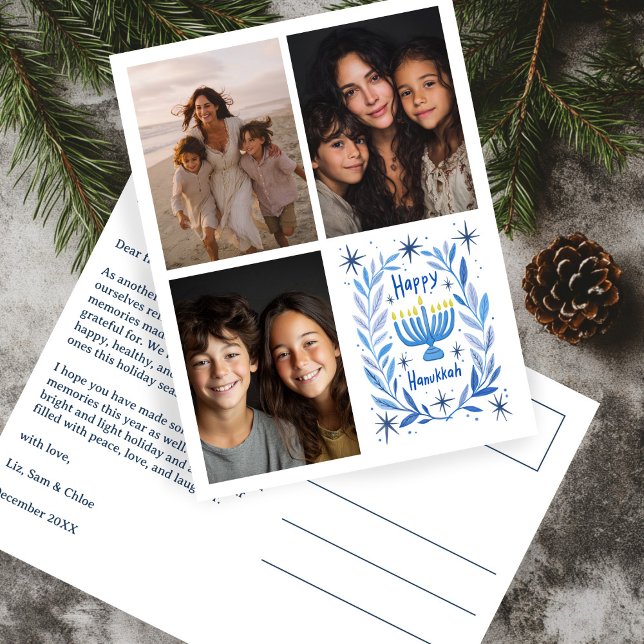 Cartão Postal De Festividades FELIZ HANUKKAH - Carta de FOTO PERSONALIZADA 3 des (HAPPY HANUKKAH Hand-Drawn CUSTOM 3 PHOTO Letter Holiday Postcard
)