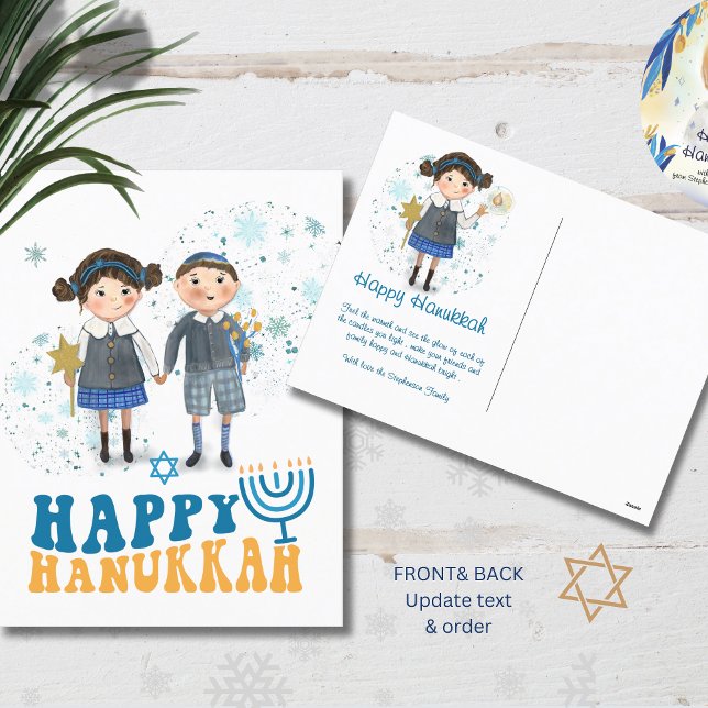Cartão Postal De Festividades Feliz Hanukkah, Casal Judeu (Happy Hanukkah Cute Jewish Couple Holiday Postcard)