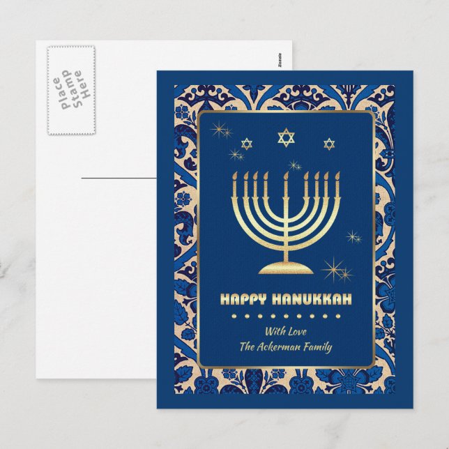 Cartão Postal De Festividades Feliz Hanukkah. Dourado Menorah (Frente/Verso)