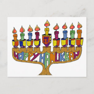 Cartão Postal De Festividades Feliz Hanukkah Dreidels Menorá