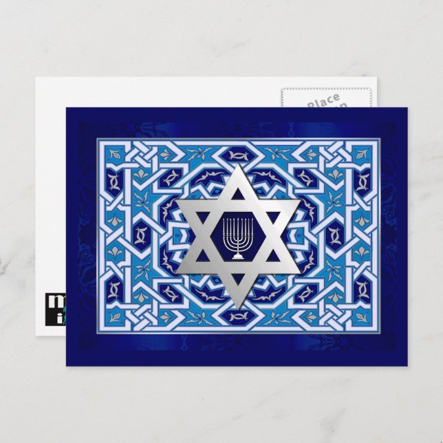 Cartão Postal De Festividades Feliz Hanukkah. Estrela de David e Menorah (Frente/Verso)